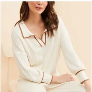Sancia Women’s Small Cream Brown Sandstone Quiet Luxury Collared Polo Knit Top